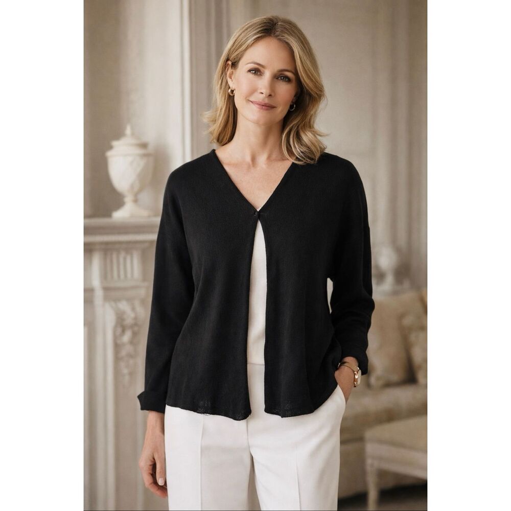 Eileen Fisher Black Open Front Knit Cardigan Sweater Size Large